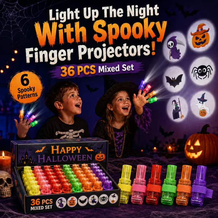 Halloween finger lights shown with colorful patterns and a mixed party favor box
