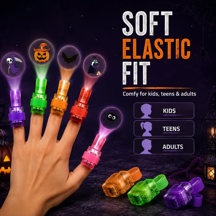 Original image showing Halloween projector lights worn on fingers using elastic straps