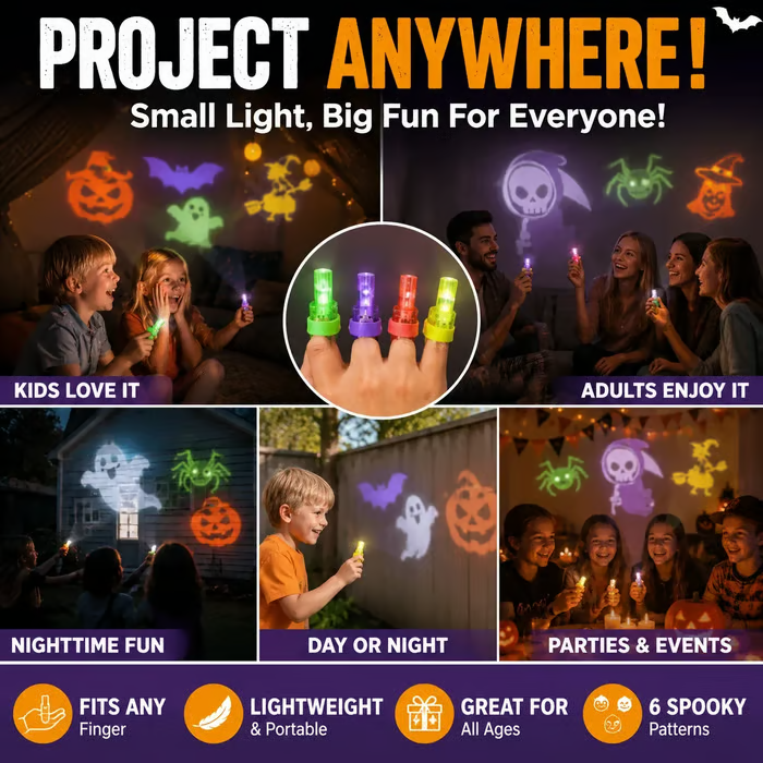 Original Halloween finger light collage showing projection ideas and party scenes