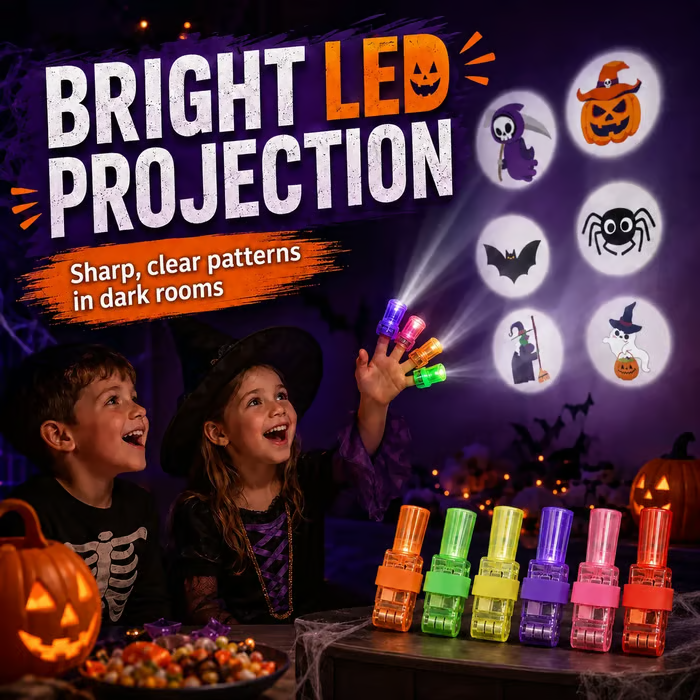 Original bright LED projection image showing Halloween patterns and colored finger projector lights