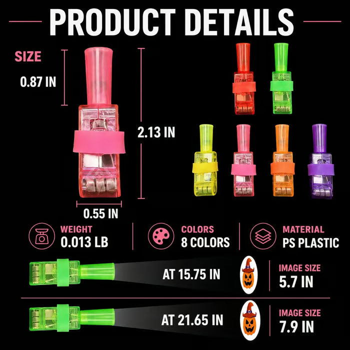 Original product size diagram with finger projector light dimensions, PS plastic material and projection examples