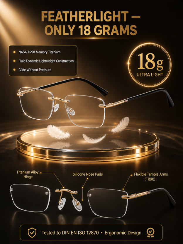 Rimless glasses showing the nose pads, slim temples and frame details