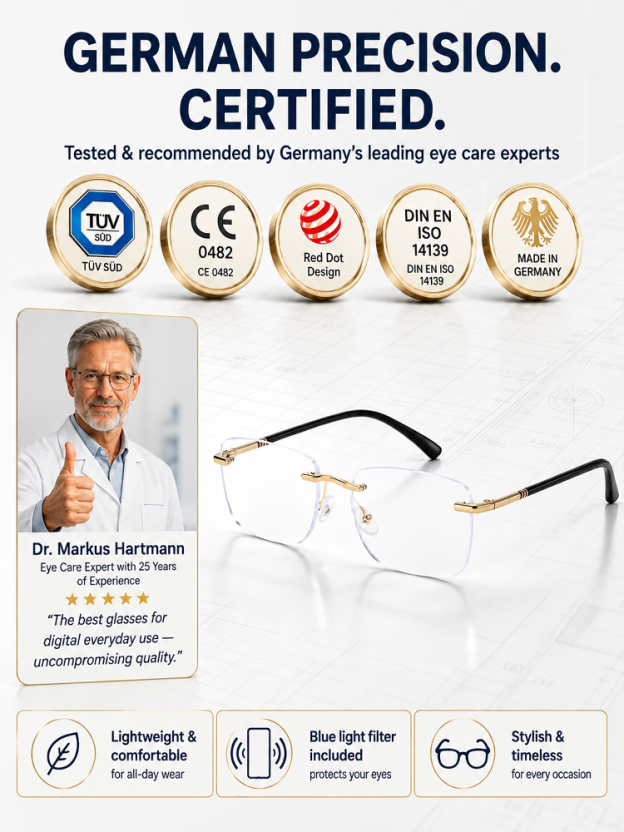 Original product feature presentation showing the rimless frame