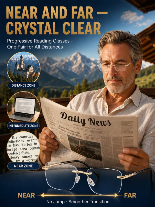 Multifocal reading glasses illustrated with near, intermediate and distance lens zones