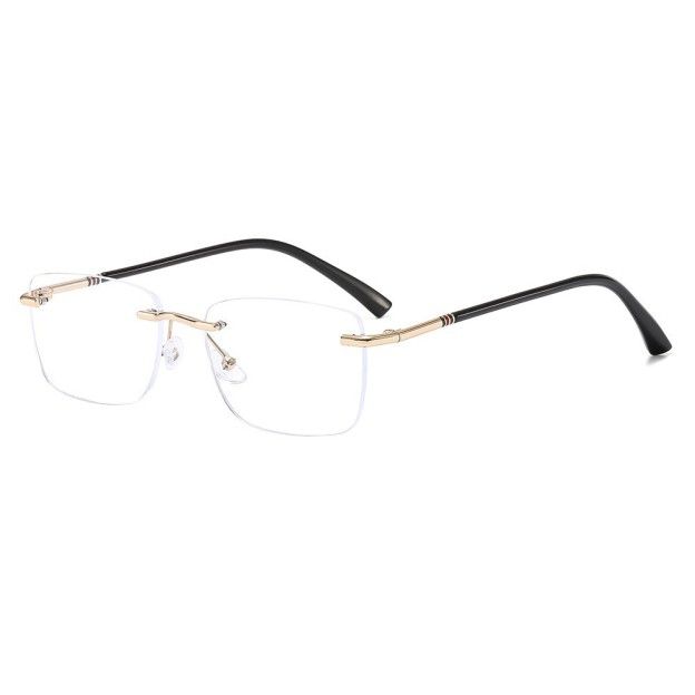 Rimless glasses with gold-tone accents and black-looking temples