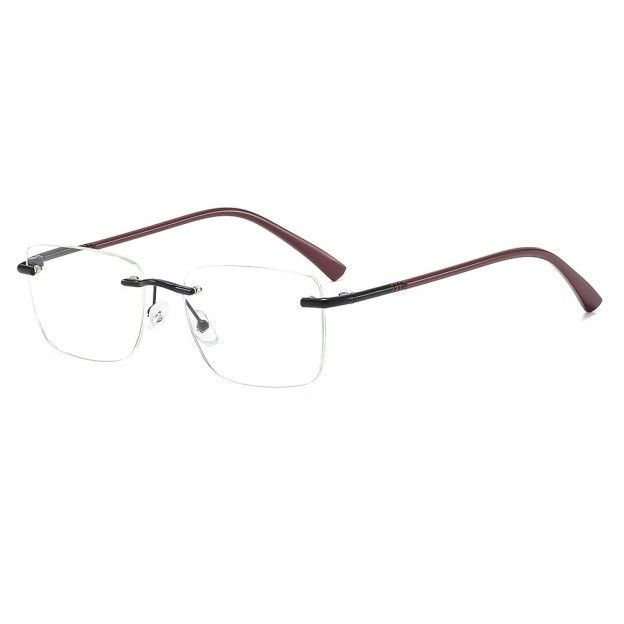 Rimless glasses with gold-tone accents and dark temples