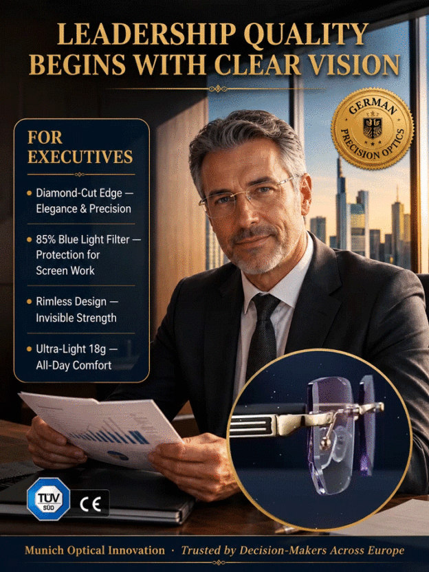 Animated presentation of rimless reading glasses with gold-tone detailing