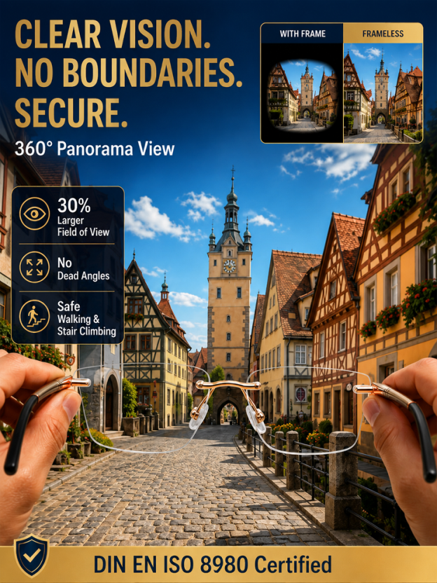 Outdoor presentation of the rimless glasses