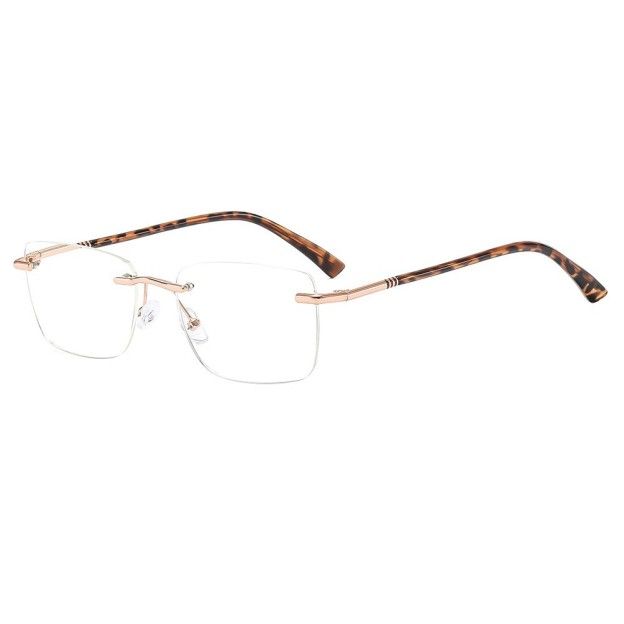Rimless glasses with gold-tone accents and patterned temples