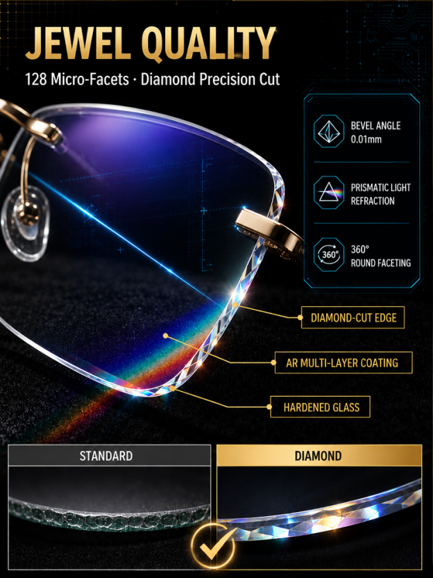 Close-up presentation of the lens edge and metallic frame accents