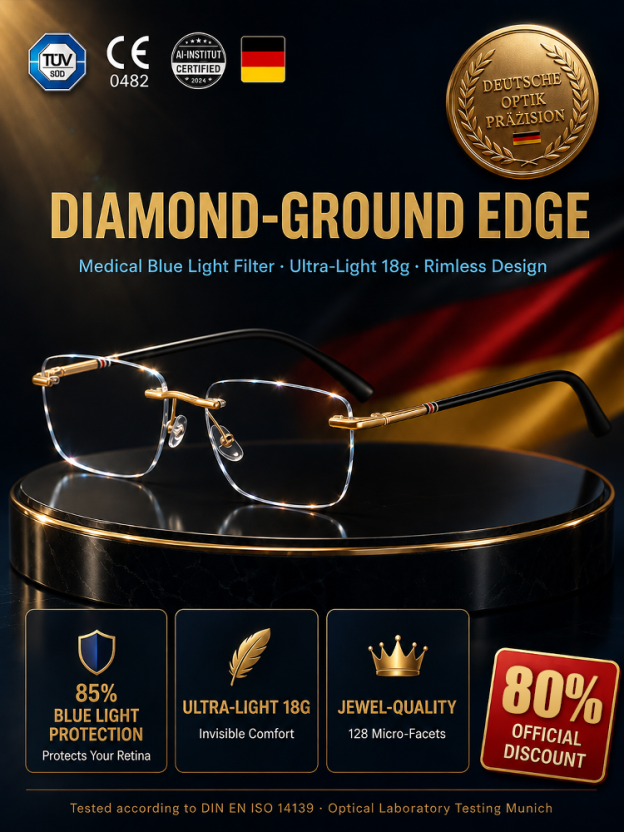 Original close-up product presentation of gold-tone rimless glasses