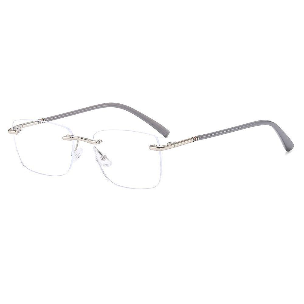 Rimless glasses with silver-tone accents and gray temples