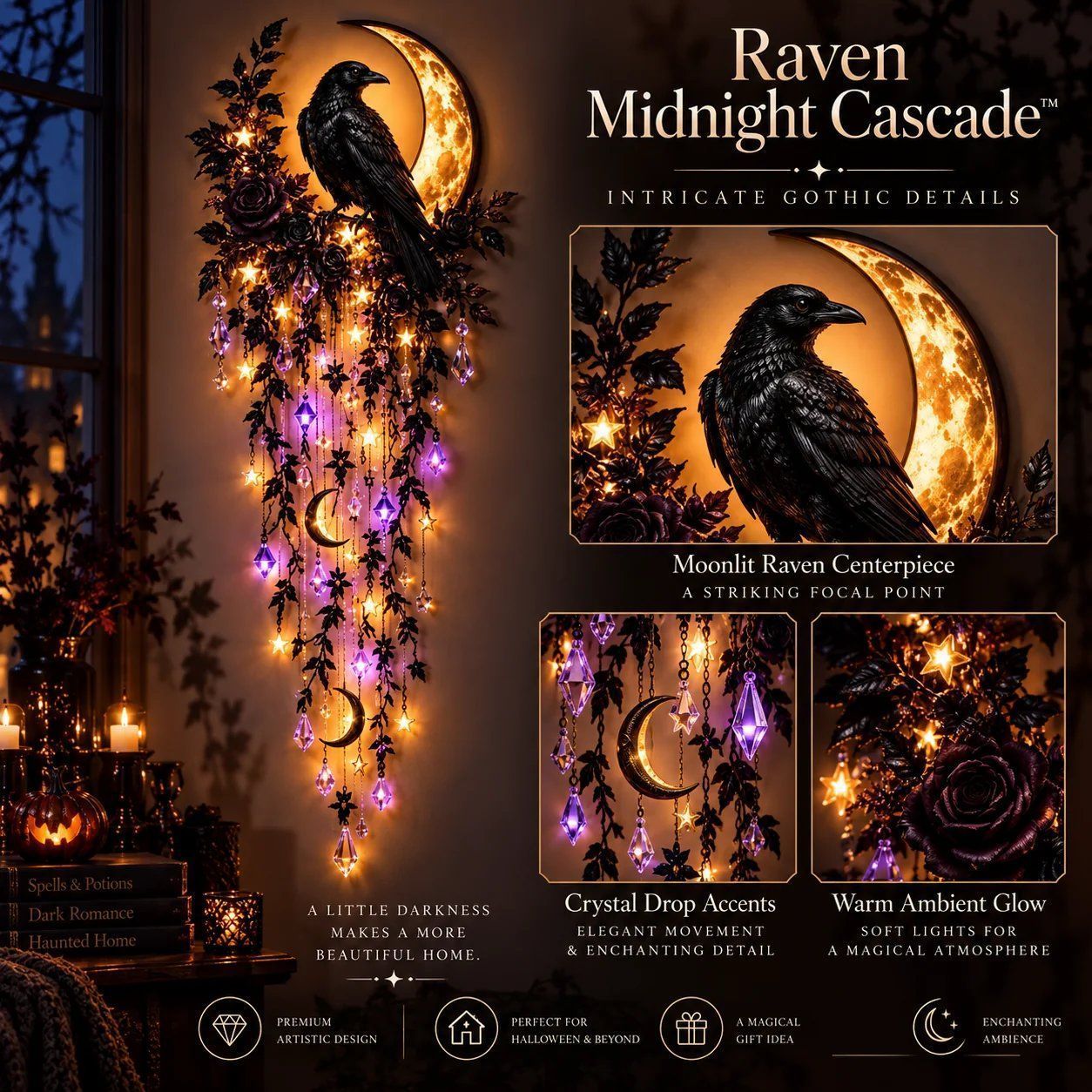 Raven Midnight Halloween Cascade Wall Light